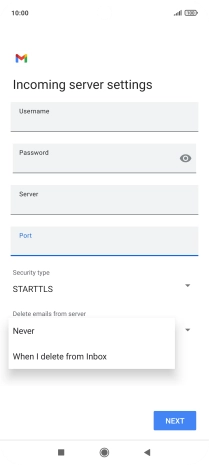 Press Never to keep email messages on the server when you delete them on your phone.