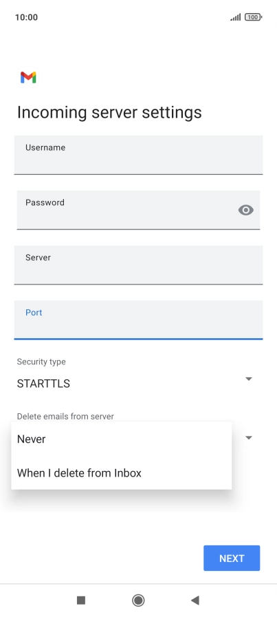 Press Never to keep email messages on the server when you delete them on your phone.