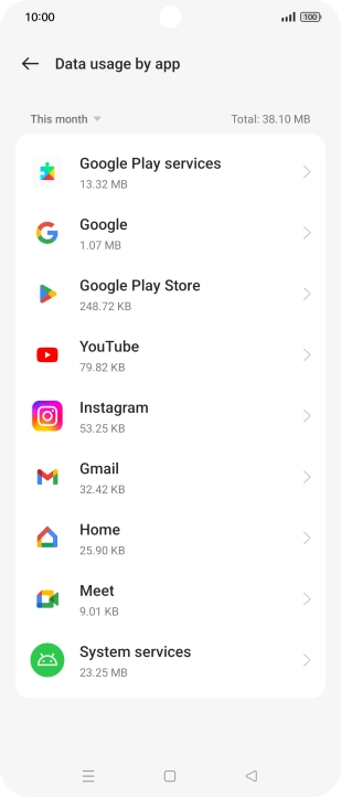 The data usage for each application is displayed below the name of the application.