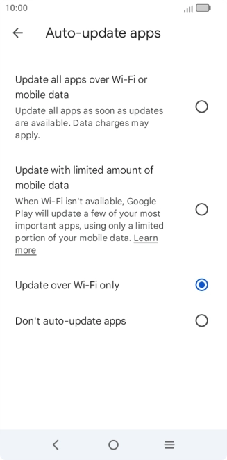 To turn on automatic update of apps using mobile network, press Update all apps over Wi-Fi or mobile data.