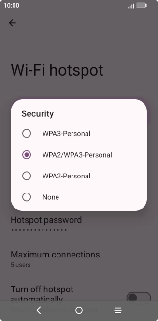 Press WPA3-Personal to password protect your Wi-Fi hotspot.