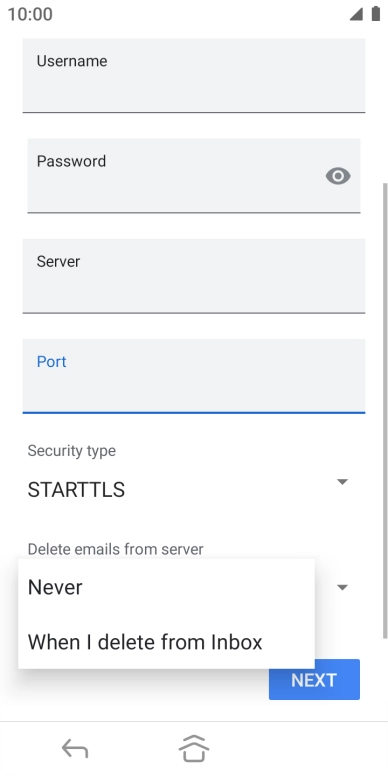 Press Never to keep email messages on the server when you delete them on your phone.