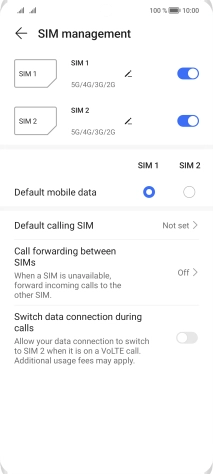 Press the indicator next to the required SIM to turn use of the SIM on or off.