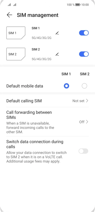 Press the indicator next to the required SIM to turn use of the SIM on or off.