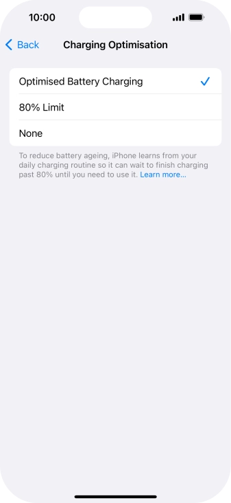 Press Optimised Battery Charging to turn the function on or off.