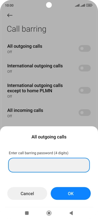 Key in your barring password and press OK. The default barring password is 1919.