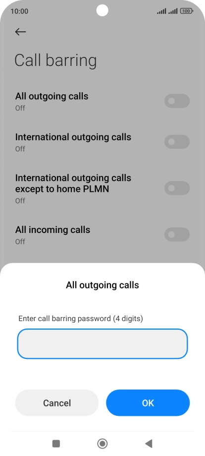 Key in your barring password and press OK. The default barring password is 1919.