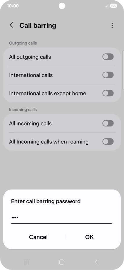 Key in your barring password and press OK. The default barring password is 1919.