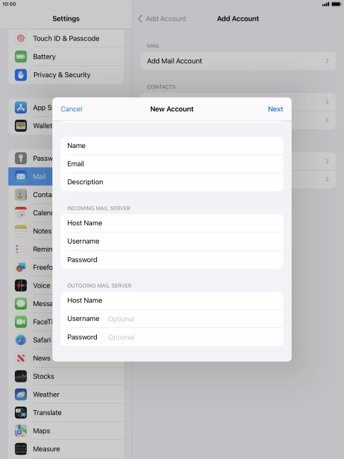 Press Username and key in the username for your email account.