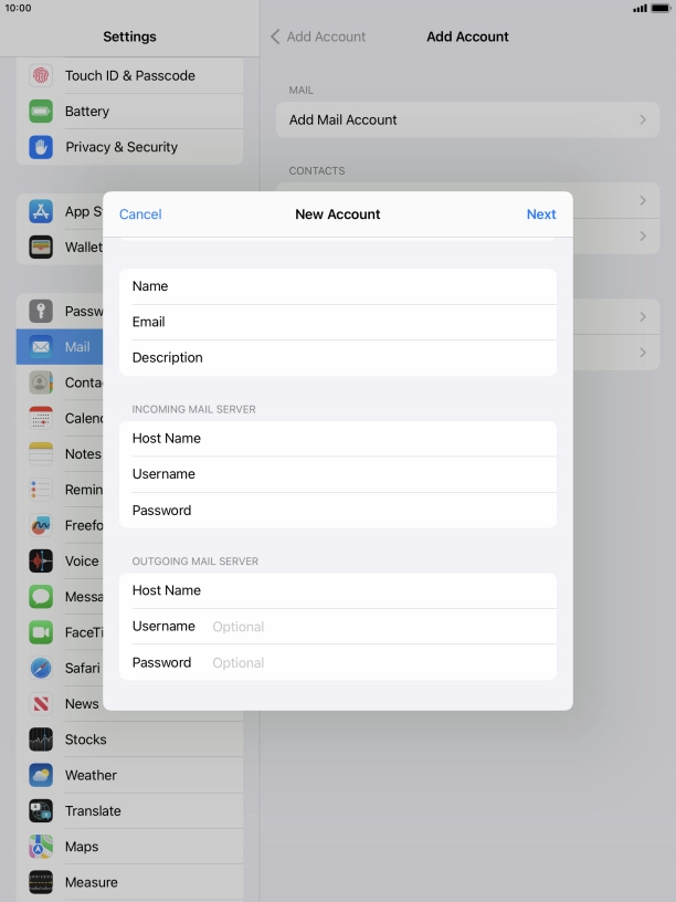 Press Username and key in the username for your email account.
