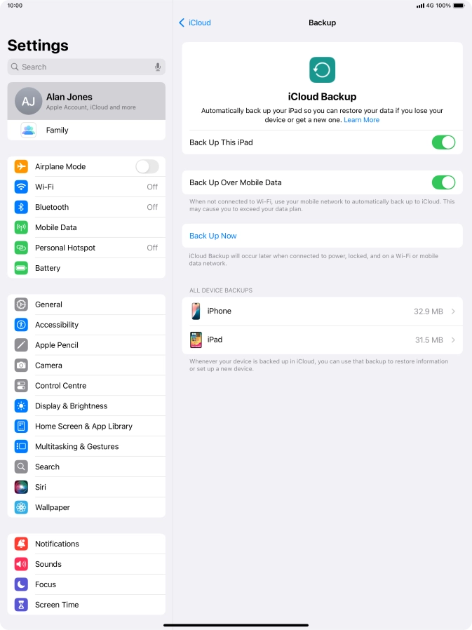 Press Back Up Now and wait while the tablet memory is backed up.