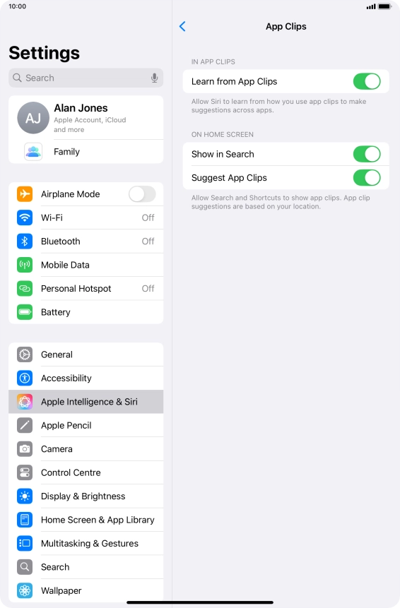 Press the indicators next to the required settings to turn them on or off.