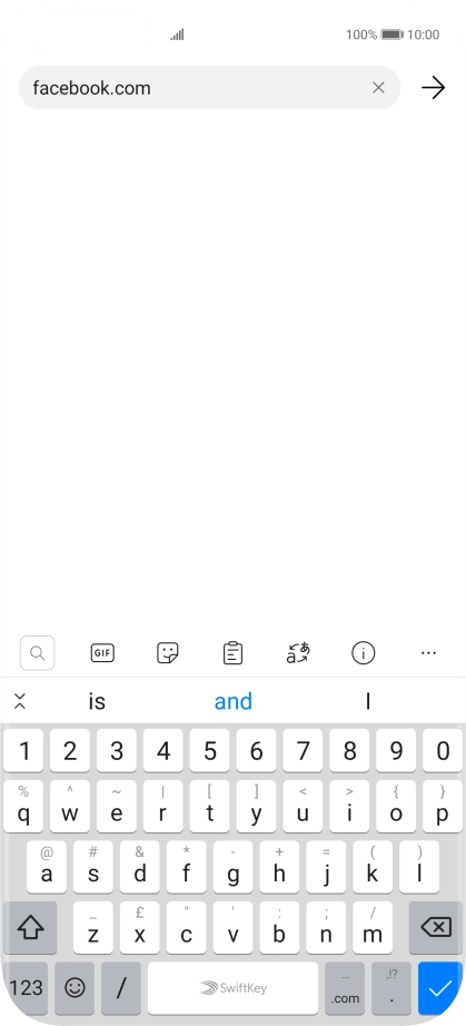 Key in facebook.com and press the confirm icon. Follow the instructions on the screen to log on to your Facebook account.
