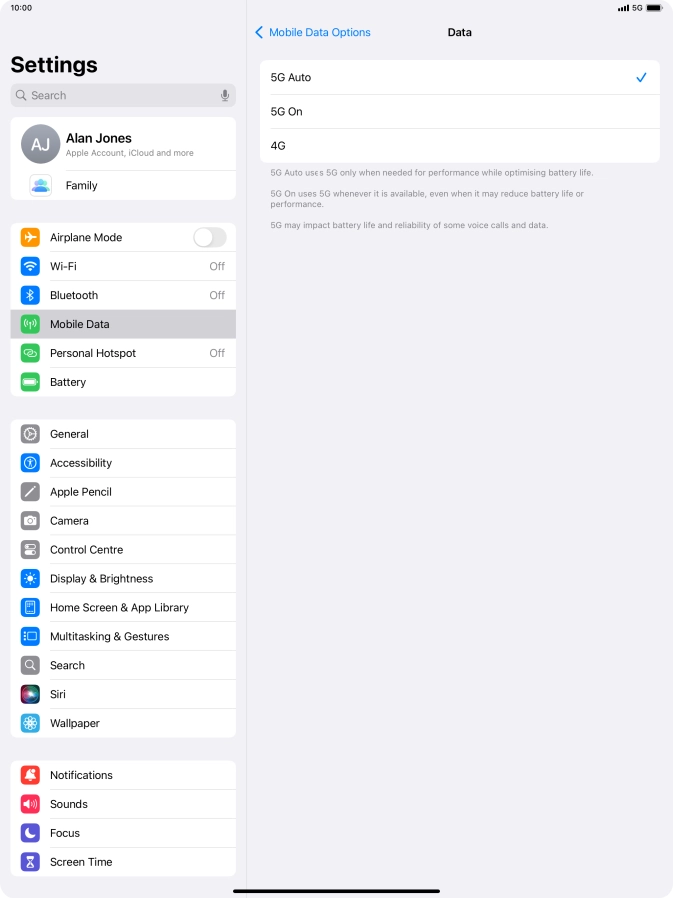 Press the required setting.