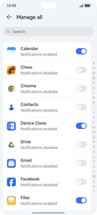 Press the indicators next to the required apps to turn the function on or off.
