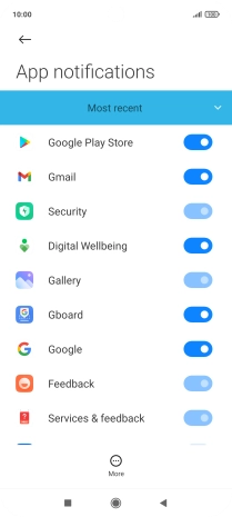 Press the indicator next to the required app to turn the function on or off.