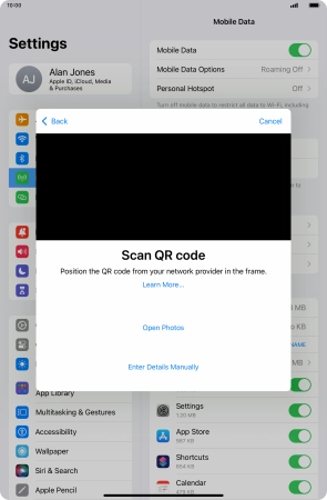 Place the QR code you've received inside the tablet camera frame to scan the code. If you’ve deleted your eSIM, you can re-add it using your existing QR code. If you’re having problems, see our FAQ.