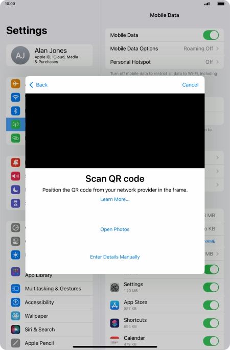 Place the QR code you've received inside the tablet camera frame to scan the code. If you’ve deleted your eSIM, you can re-add it using your existing QR code. If you’re having problems, see our FAQ.