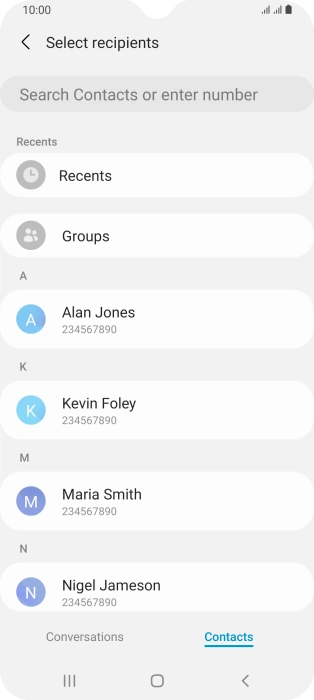 Press the search field and key in the first letters of the recipient's name.