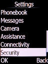 Select Security and press the Left selection key.