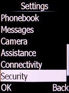 Select Security and press the Left selection key.