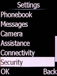 Select Security and press the Left selection key.