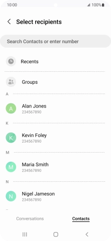 Press the search field and key in the first letters of the recipient's name.