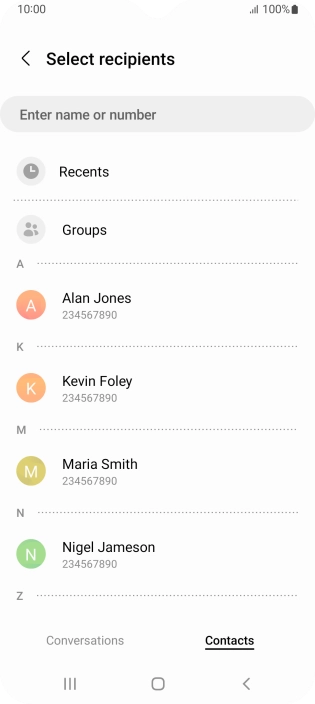 Press the search field and key in the first letters of the recipient's name.
