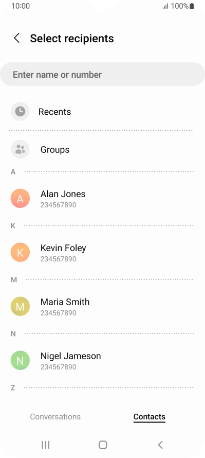 Press the search field and key in the first letters of the recipient's name.