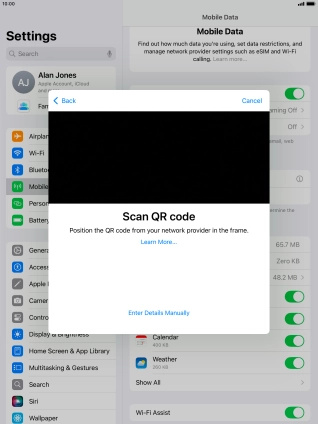 Place the QR code you've received inside the tablet camera frame to scan the code. If you’ve deleted your eSIM, you can re-add it using your existing QR code. If you’re having problems, see our FAQ.