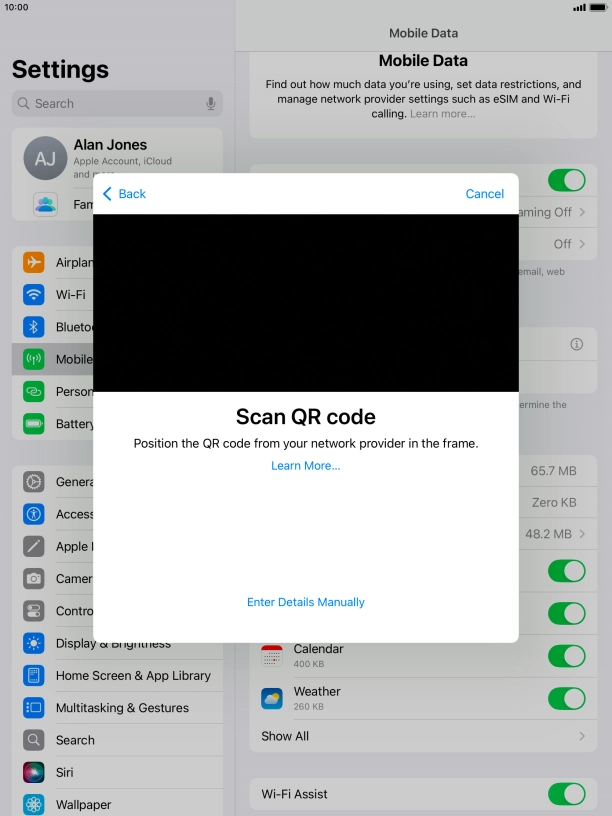 Place the QR code you've received inside the tablet camera frame to scan the code. If you’ve deleted your eSIM, you can re-add it using your existing QR code. If you’re having problems, see our FAQ.