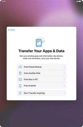 When this screen is displayed, your tablet is ready to restore content from an iCloud backup.