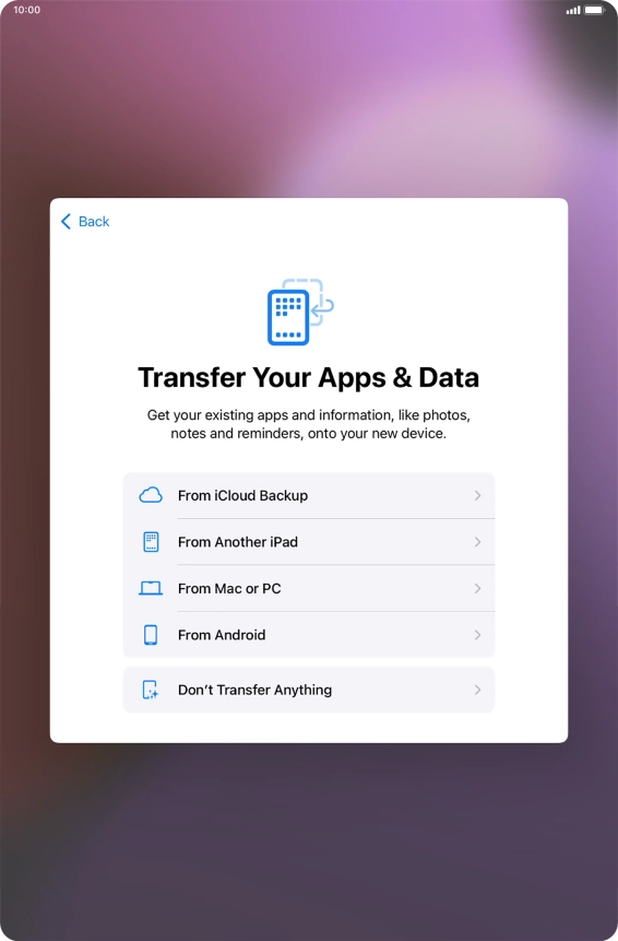When this screen is displayed, your tablet is ready to restore content from an iCloud backup.