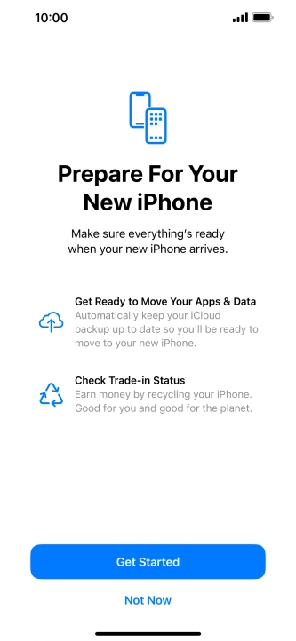 Press Get Started and follow the instructions on the screen to select the required settings and back up the phone memory to iCloud. Once you've received your new iPhone, you'll be able to restore the content of the iCloud backup.