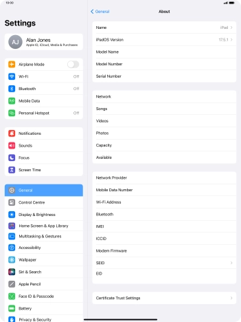Your tablet's EID number is displayed below EID.