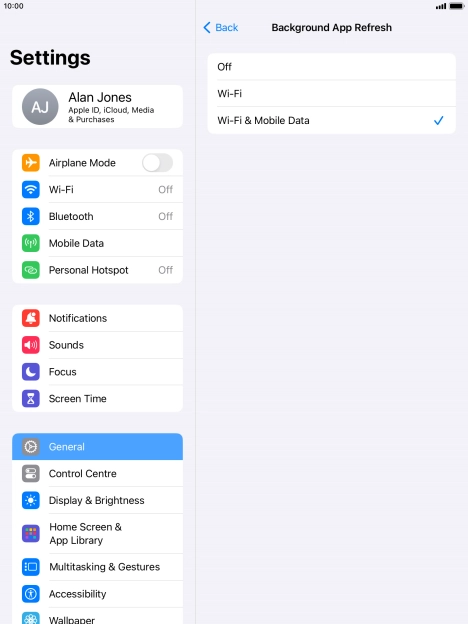 To turn off background refresh of apps, press Off.