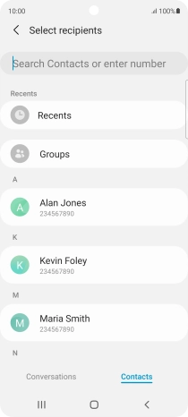 Press the search field and key in the first letters of the recipient's name.