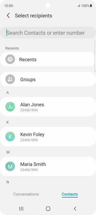Press the search field and key in the first letters of the recipient's name.