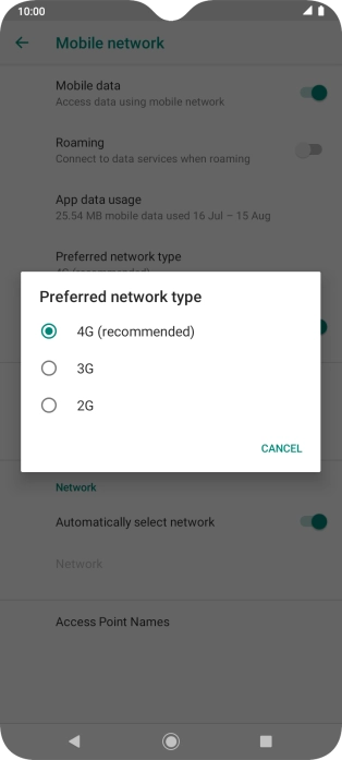 Press the required network mode.