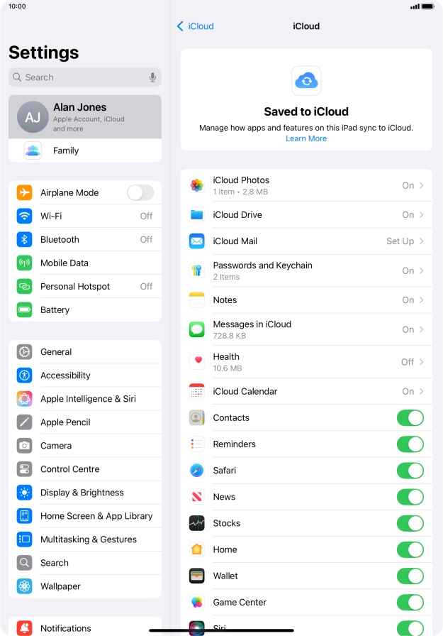 Press the indicators next to the required data types to turn synchronisation of each data type on or off.