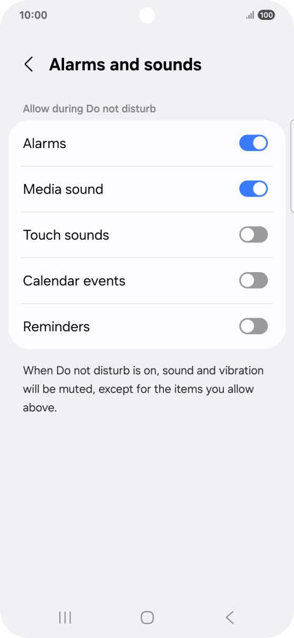 Press the required settings to turn sound and vibration for the selected functions on or off.
