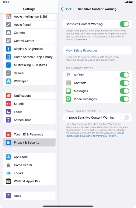 Press the indicators next to the required applications to turn the function on or off.