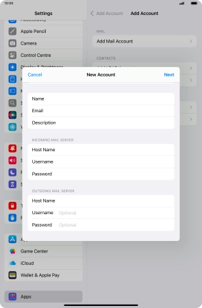 Press Username and key in the username for your email account.