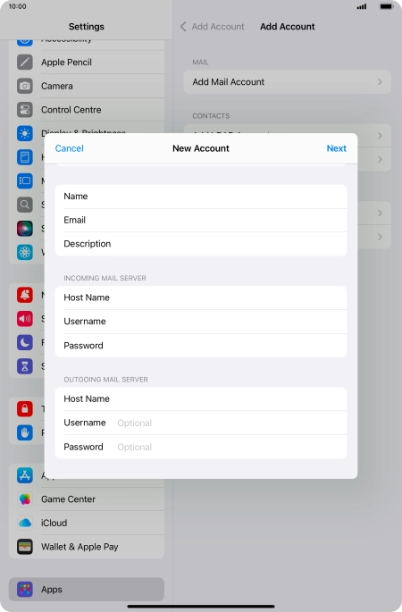 Press Username and key in the username for your email account.