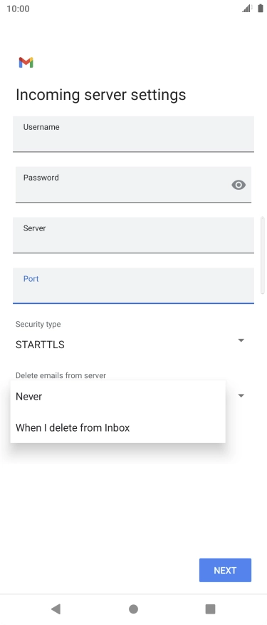 Press Never to keep email messages on the server when you delete them on your phone.
