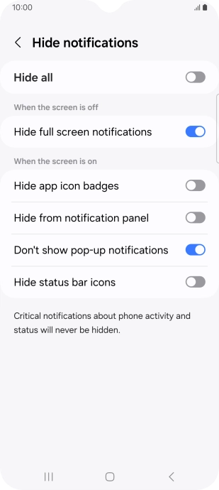 Press the indicators next to the required settings to turn display of the selected notification types on or off.