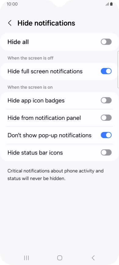 Press the indicators next to the required settings to turn display of the selected notification types on or off.