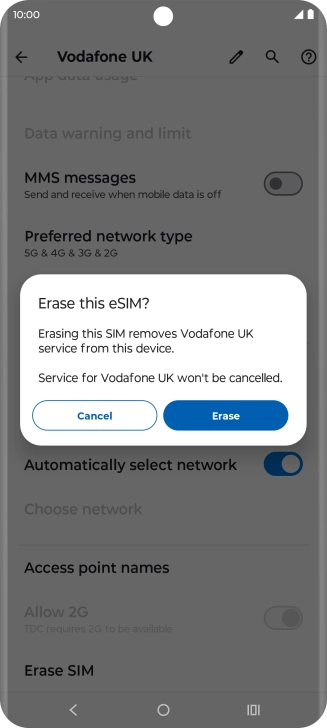 Press Erase and follow the instructions on the screen to delete your eSIM.