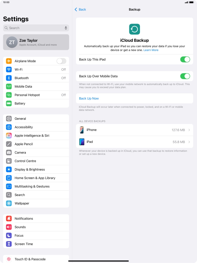 Press Back Up Now and wait while the tablet memory is backed up.
