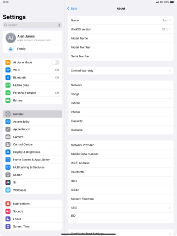 Your tablet's software version is displayed next to iPadOS Version.
